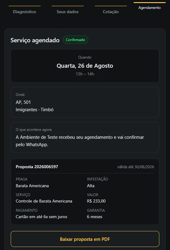 Serviço agendado e confirmado, com proposta em PDF