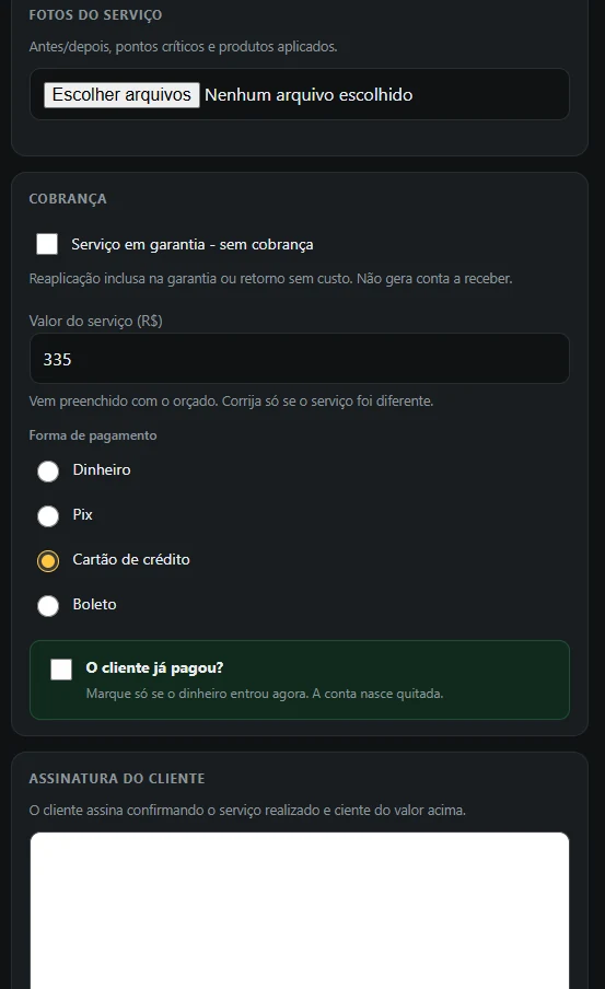 Fechamento da OS: produtos, cobrança e assinatura do cliente